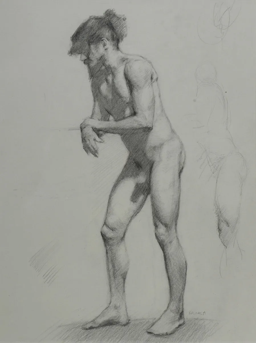 A pencil drawing of a standing nude figure, leaning slightly forward with arms crossed. The figure is depicted in a realistic style, with detailed shading. Additional sketch lines are visible in the background.