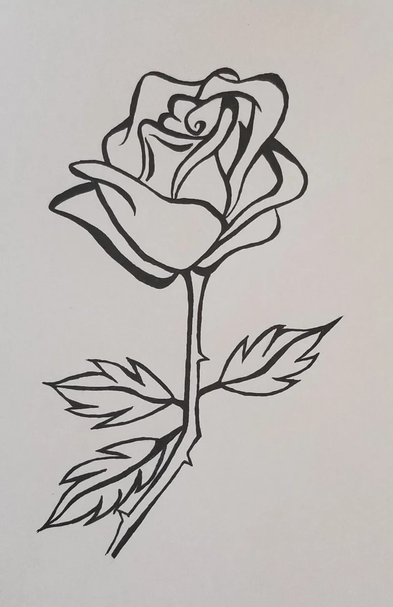 Black and white line drawing of a rose with two leaves on the stem.