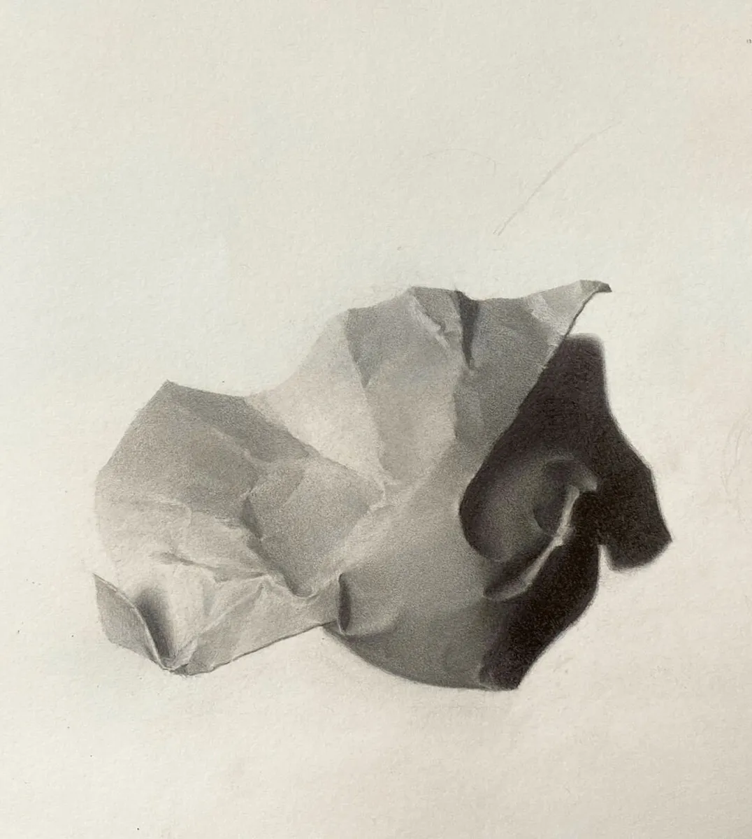 A realistic pencil drawing of a crumpled piece of paper casting a shadow on a plain background. The paper's texture and the contrast between light and shadow create a three-dimensional effect.