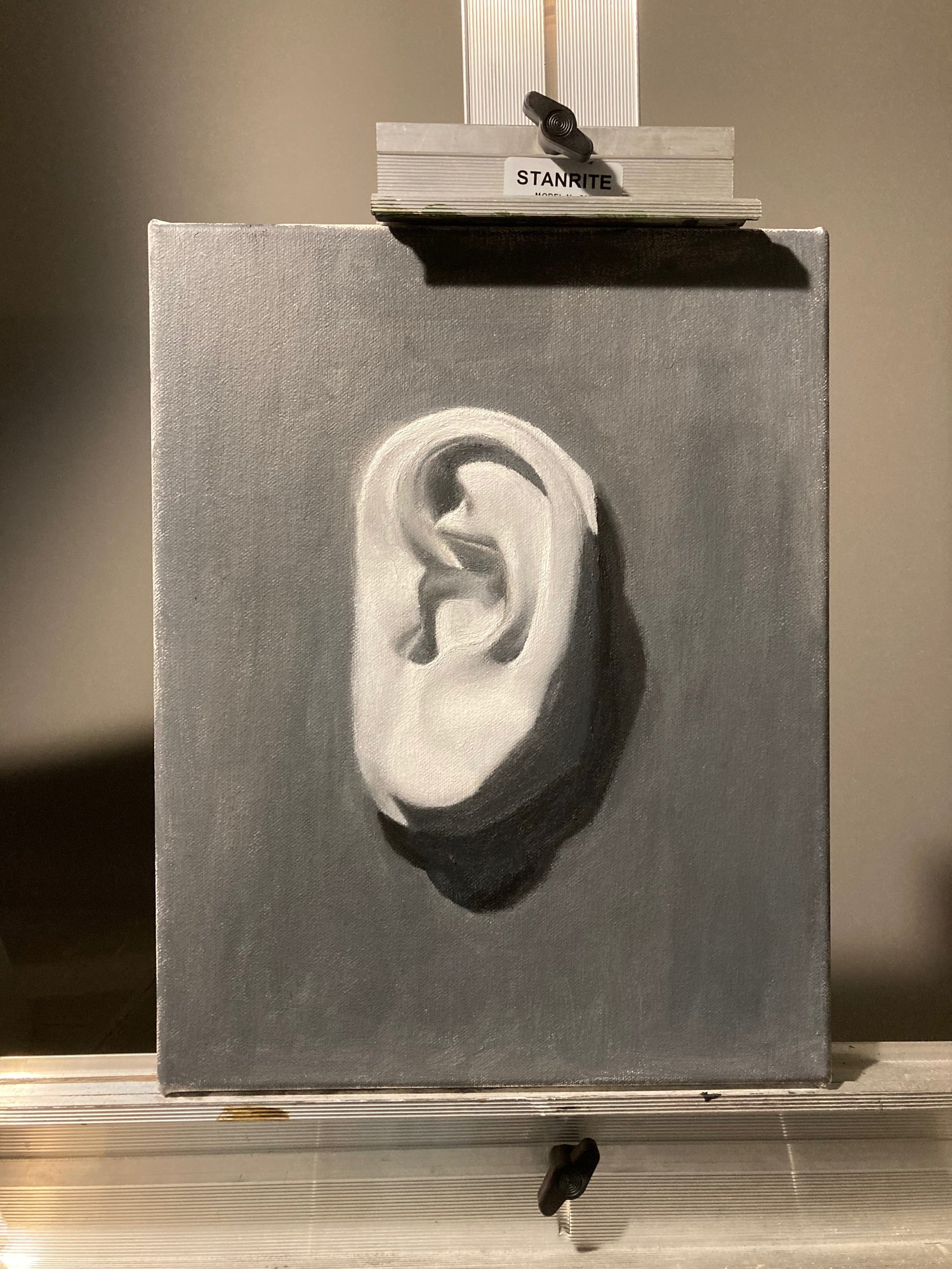 A realistic painting of a human ear mounted on an easel. The artwork is predominantly in grayscale, highlighting the ear's detailed shadows and contours against a dark background.
