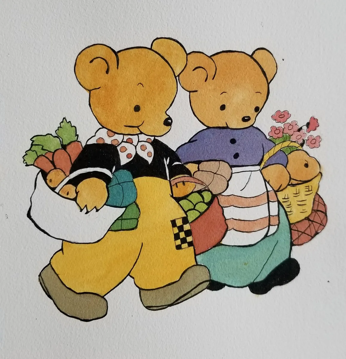 Two cartoon bears walking side by side, carrying baskets of vegetables and flowers. One bear wears a black and white shirt with yellow pants, while the other wears a purple top with a striped apron and teal skirt.