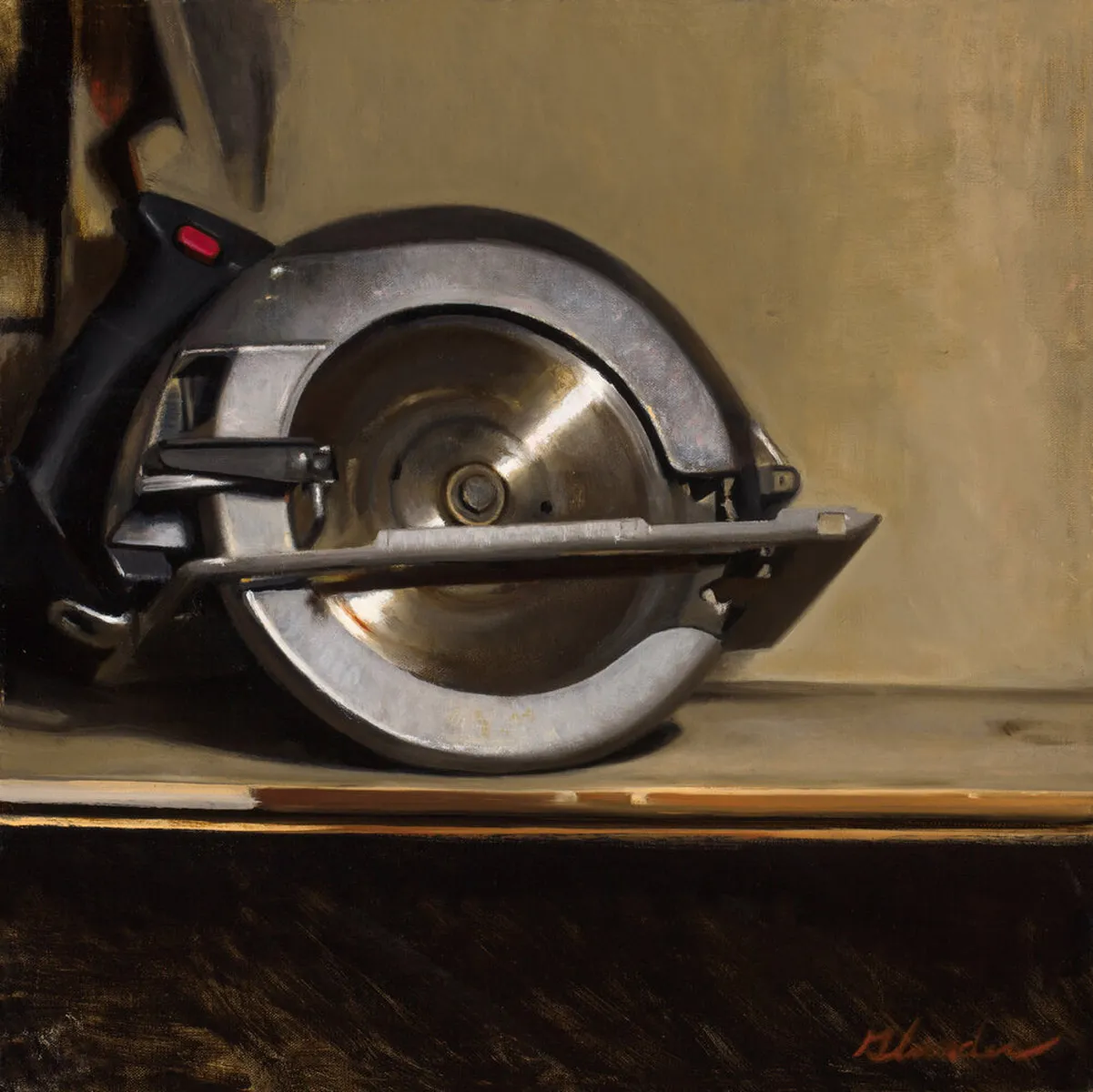 A painting of a circular saw resting horizontally on a wooden surface. The saw has a metallic circular blade and a black handle, positioned against a muted beige background.
