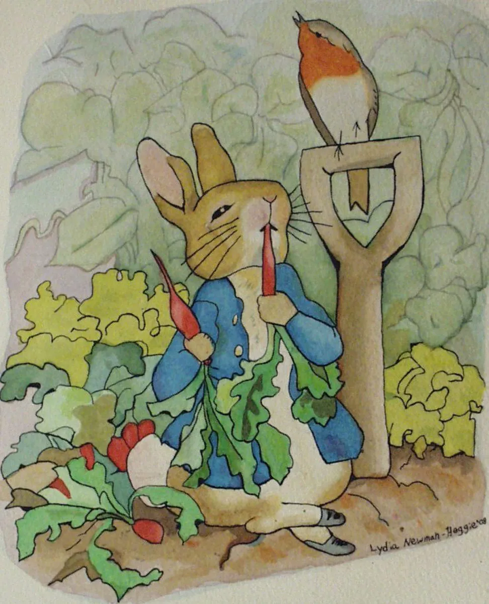 A rabbit in a blue jacket sits in a garden eating radishes, next to a shovel with a bird perched on top. Lush plants surround them, creating a whimsical scene.