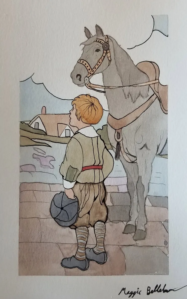 Illustration of a boy in vintage clothing holding a cap, standing beside a saddled horse. The background features a rural landscape with a house and windmill under a cloudy sky.