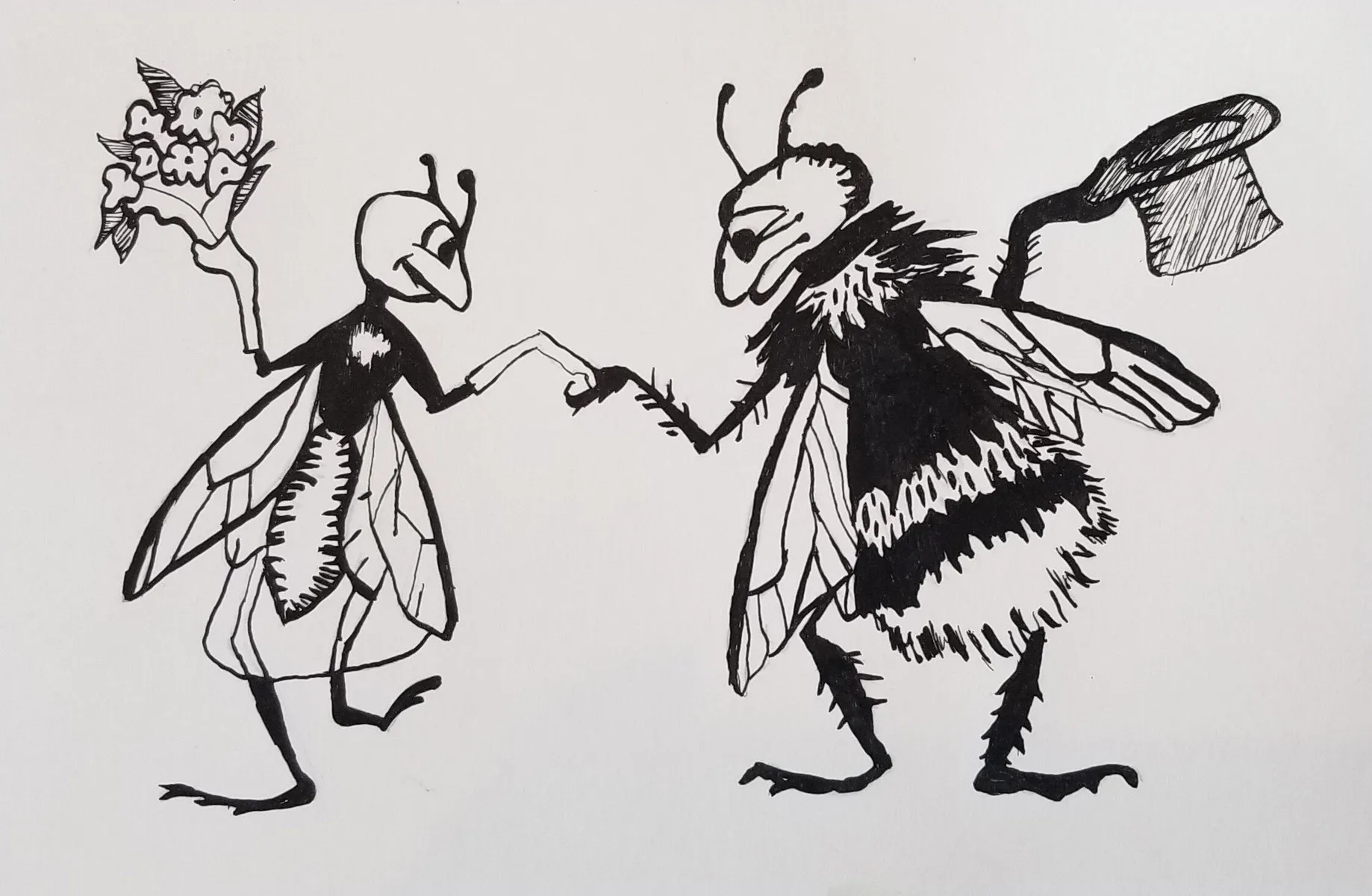 A hand-drawn illustration of a bee and a bumblebee shaking hands. The bee holds a bouquet, while the bumblebee tips its top hat. Both insects are anthropomorphized, standing on two legs.