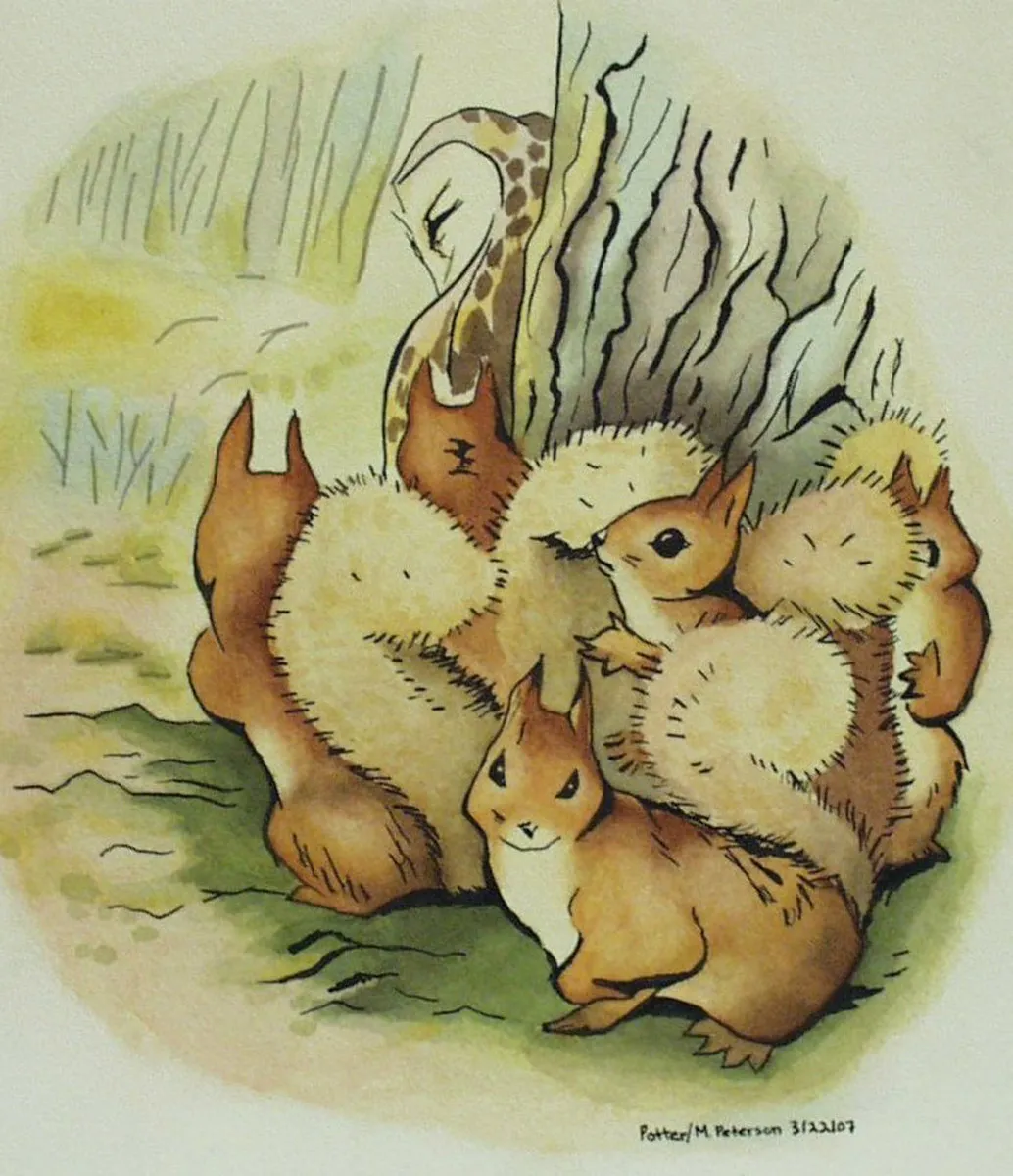 A watercolor painting shows five squirrels with fluffy tails gathered around each other near a tree trunk. The background is a soft blend of green and yellow tones, suggesting a natural, forest setting.