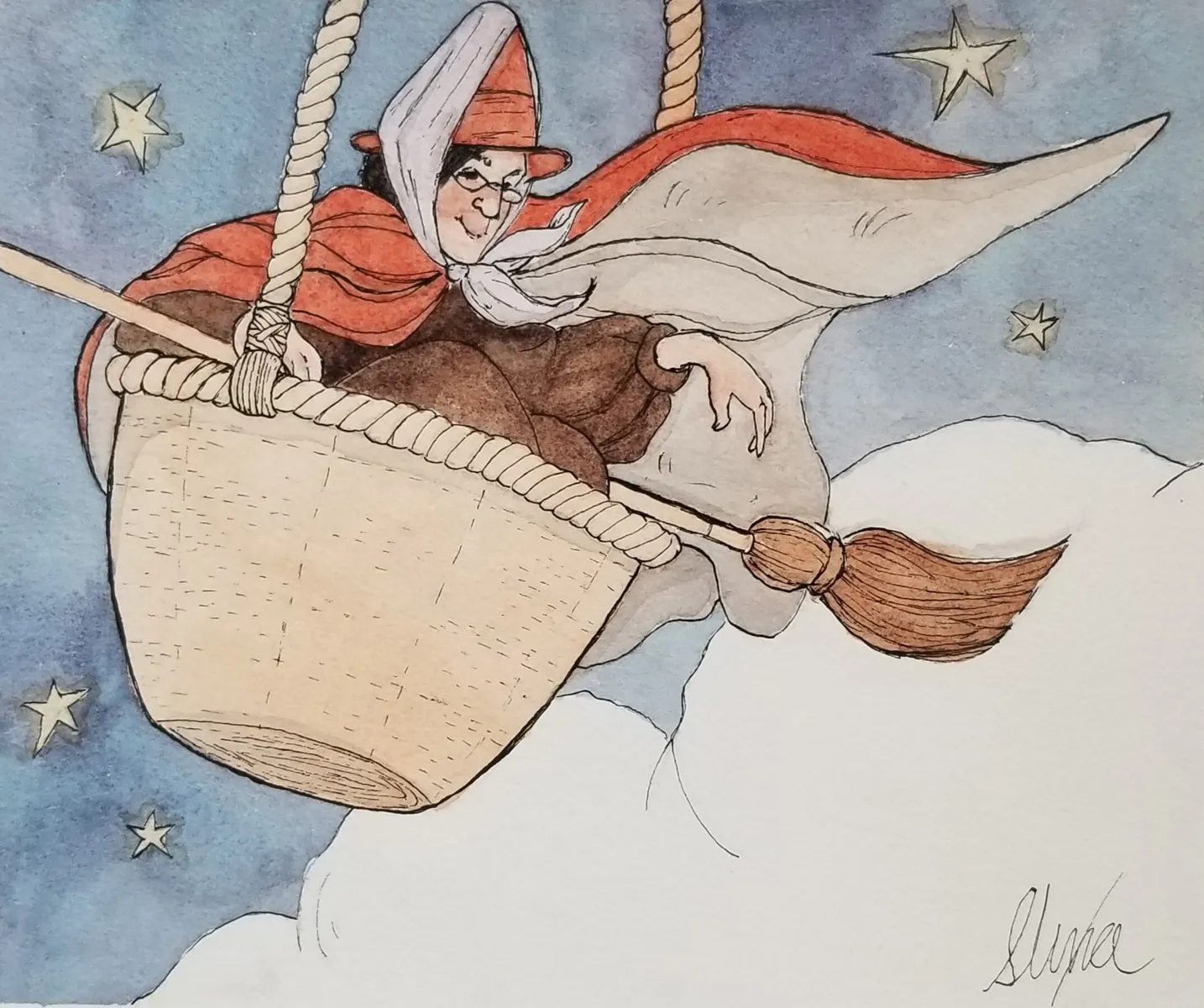 A witch wearing a red cape and hat rides a wicker basket attached to a broom, soaring through a starry night sky above clouds. The scene is whimsical and magical.