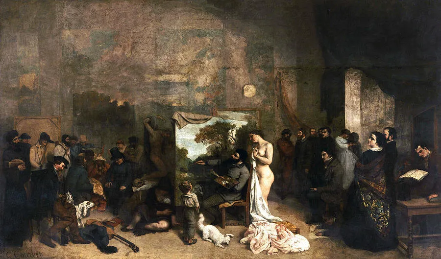 A large, dramatic painting depicts an artist painting a nude model in a busy studio. Onlookers, artists, and various figures surround them, engaged in diverse activities. The background features artworks and scattered objects.