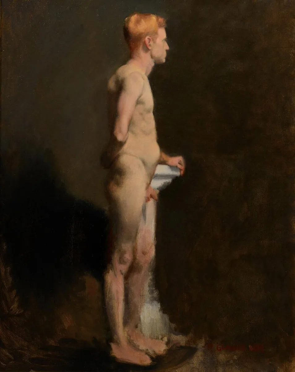 A painting of a nude man with blonde hair standing in profile, resting his hands on a white column against a dark background. His posture is upright and contemplative.